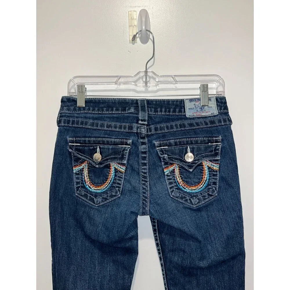 True Religion Blue Denim Embroidered Pockets Skinny Fit Jeans Women's Size 27